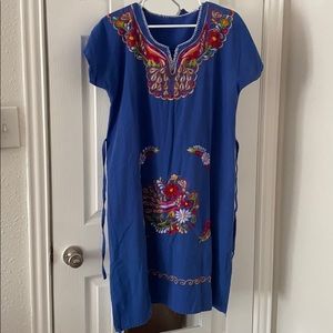 Vintage Mexican Embroidered Shift Dress, blue